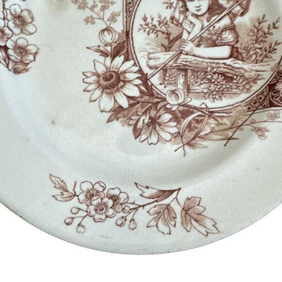 Rare Vintage British Aesthetic Brown Transfer Ware Girl with Rake 8.5” Plate - Picture 5 of 10